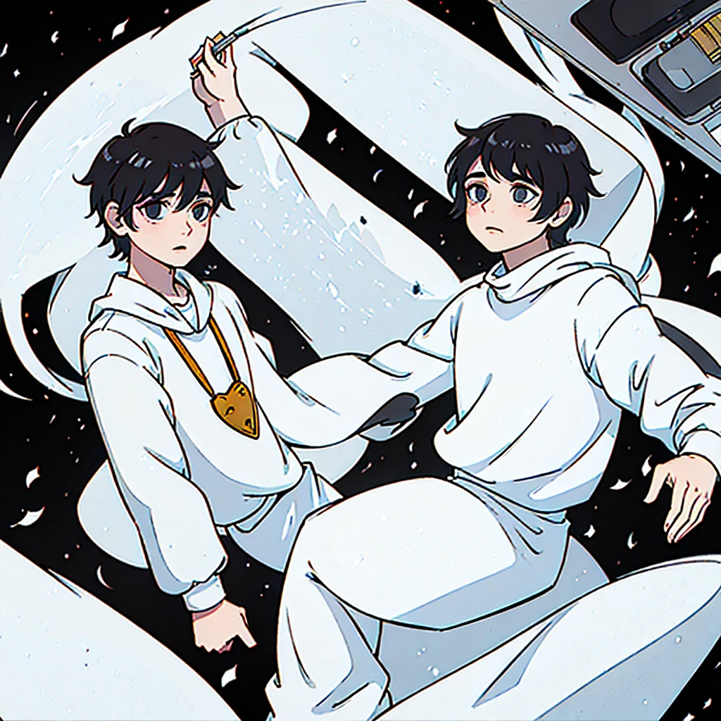 Boy in white clothes, with short hair and super dark eyes