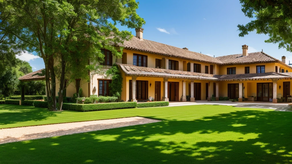 Luxurious country house with garden, , Mexican style on a striking summer day with blue sky. nature, Beautiful residential area house. inside luxurious house, Real Estate Properties. - High Resolution Image