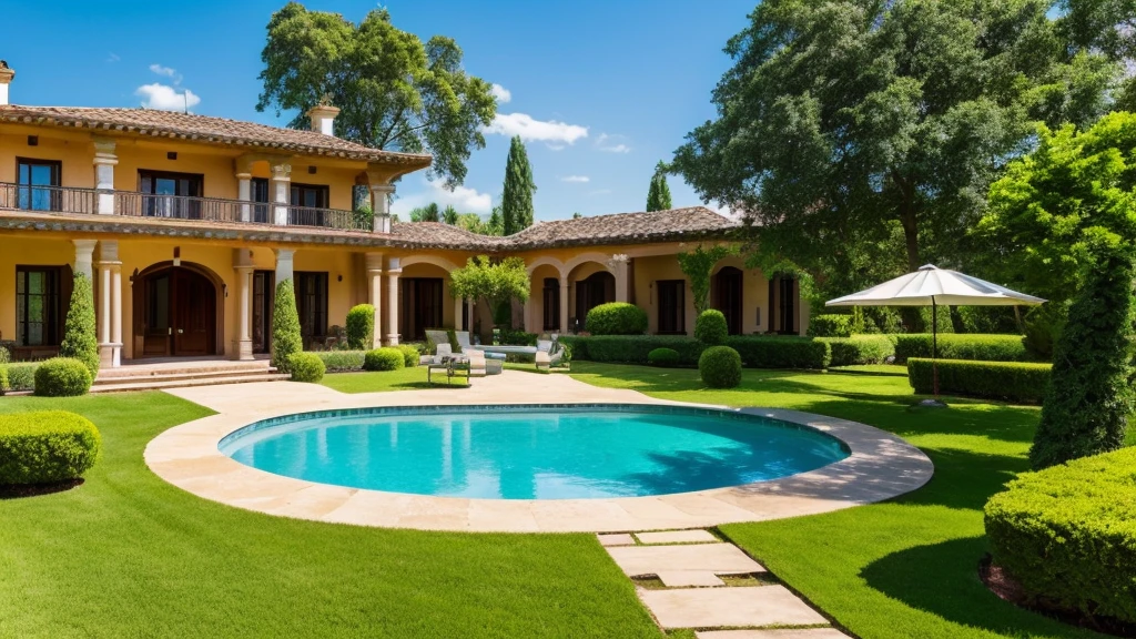 Luxurious country house with garden, , Mexican style on a striking summer day with blue sky. nature, Beautiful residential area house. inside luxurious house, Real Estate Properties. - High Resolution Image