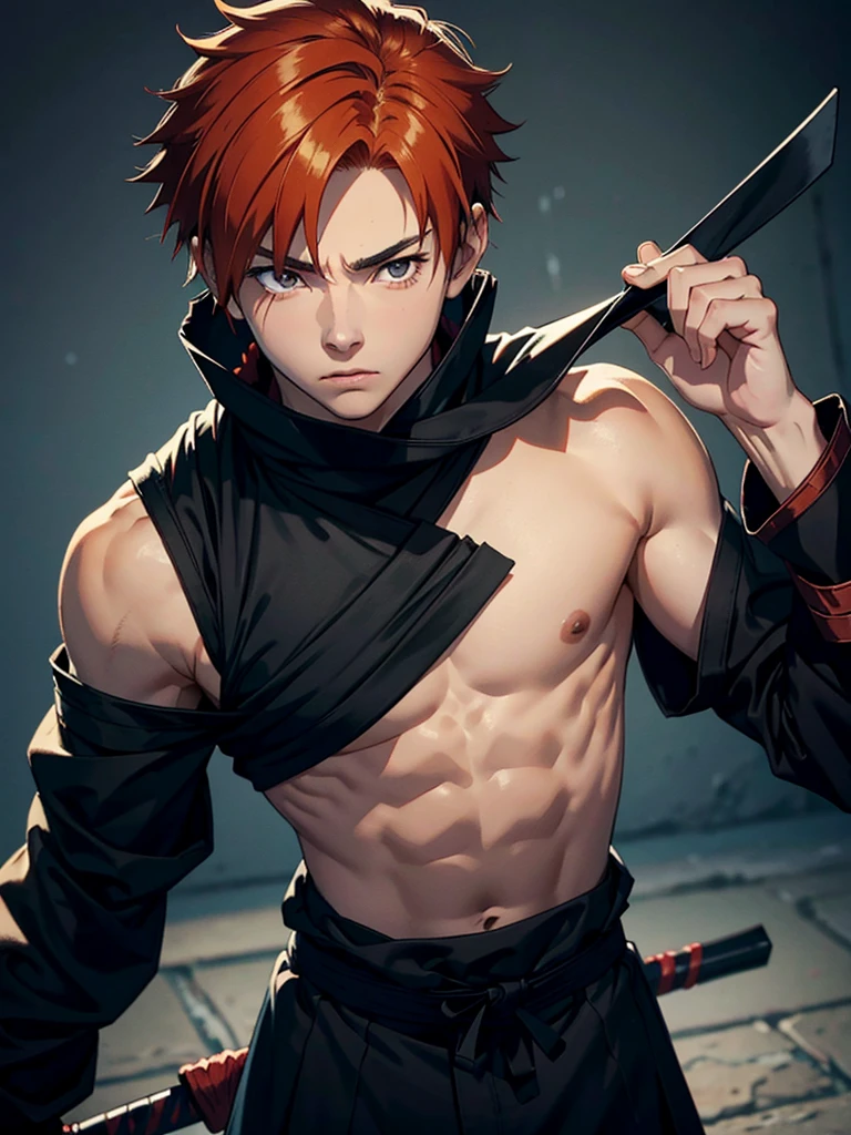 The boy, short ginger hair, small black eyes, thin eyebrows, wearing closed black clothes, Sunagakure, shinobi, Kazekage, high res, masterpiece, 8K, full growth, looking to a viewer