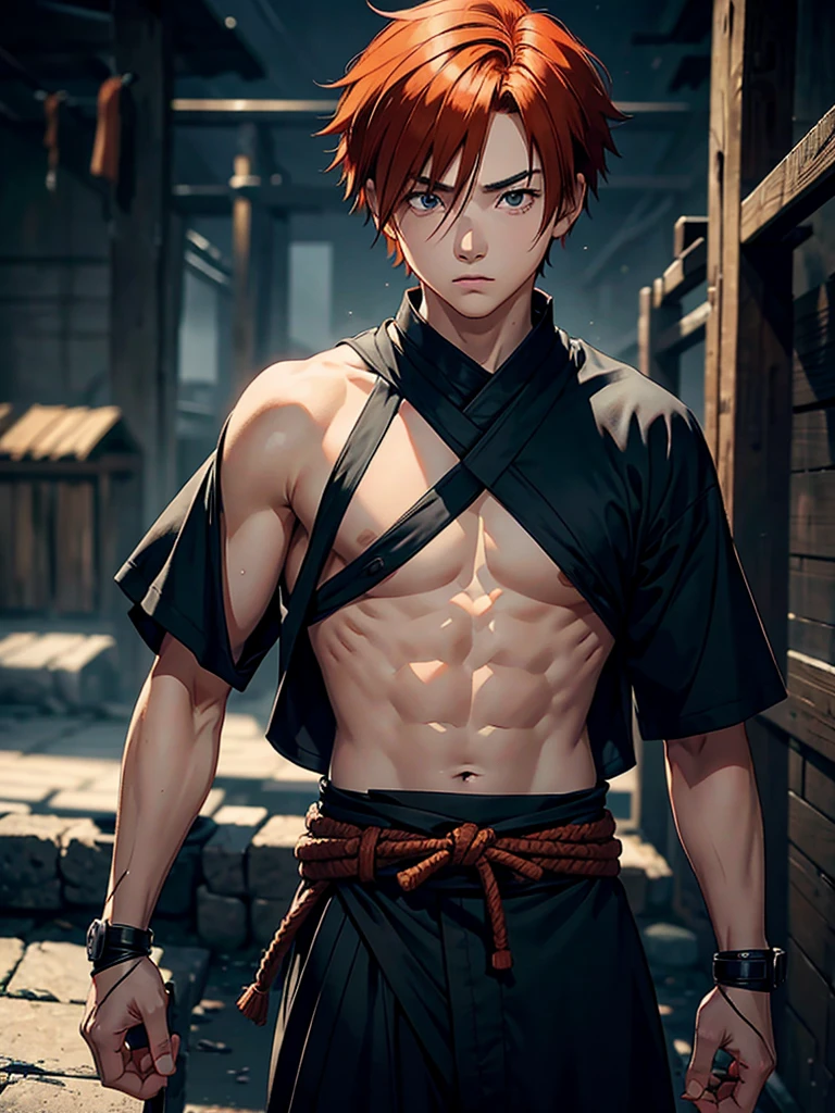 hero costume: mask, topless male, black pants
Add red hair and red eyes if necessary., hairstyle: His hair is wild and spiky, often directed upwards, which gives it a striking appearance. Statur: He is strong and muscular, which underlines his physical strength. Features: Kirishima has square, markante Features. His eyes are often determined and energetic.
Teeth: He has sharp, spitze Teeth, which are sometimes visible, when he smiles or fights., scar: If his Quirk, Hardening, is activated, erscheinen scar und Risse auf seiner Haut, which give it an even harder and more robust appearance.
Heldenkostüm: His hero costume consists of a red and black armor. The armor has an exposed upper body, so as not to impair mobility, and he wears a red mask, which emphasizes his eye area. In addition, there are wide, red wristbands.
Miscellaneous: His hero name is "Red Riot", which is underlined by the strong colors of his costume and his impressive appearance.