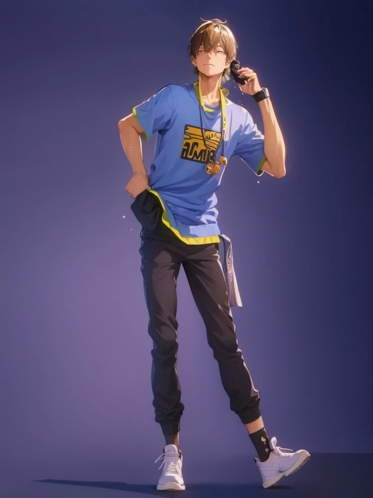 Wiping his sweat with his shirt after exercising,while he is in his lofi style house