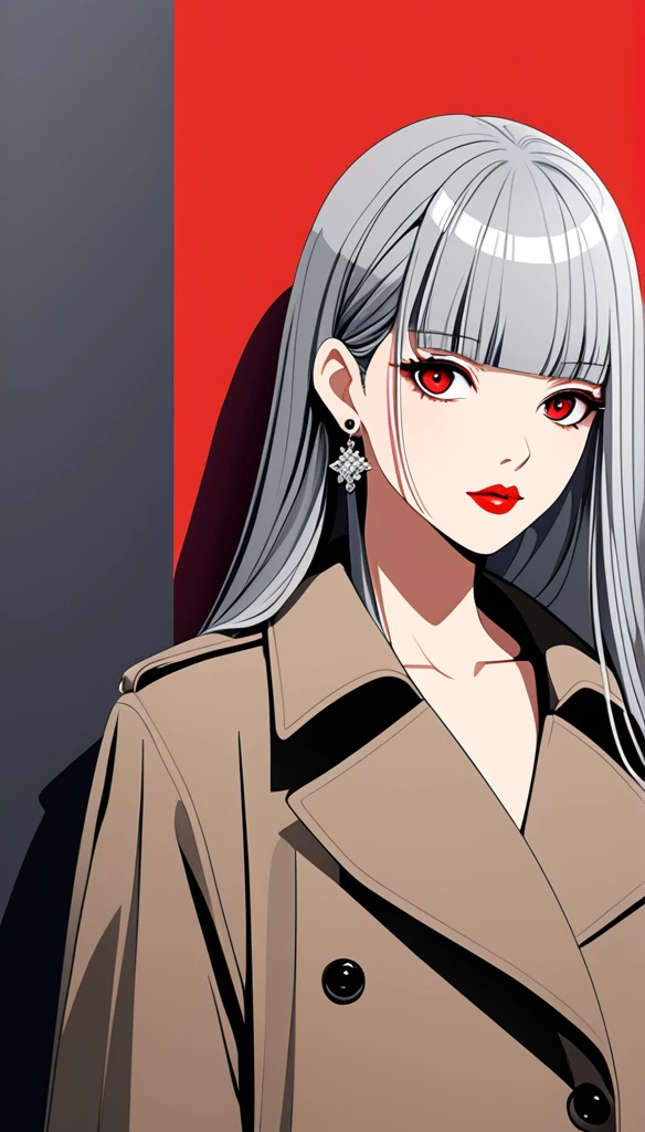 Simple vector illustration,Beautiful girl standing against the wall,Delicate red lips,uue,confidence,Long straight hair,silver hair,Exaggerated earrings,unique,Staring at the audience),((Black deep V trench coat:1.37,Red bottoming skirt))。Looking from the bottom up,Geometric Light and Shadow,Clean and simple red background,jewerly contain lace of diamonds, diamonds color is dual chrome, straight bangs cut, straight hair cut, straight sidelocks, silver deep gray coloured hair, one little red stripe of hair, one little red stripe of hair, one little indigo stripe of hair, dusty rose ciloured eyes