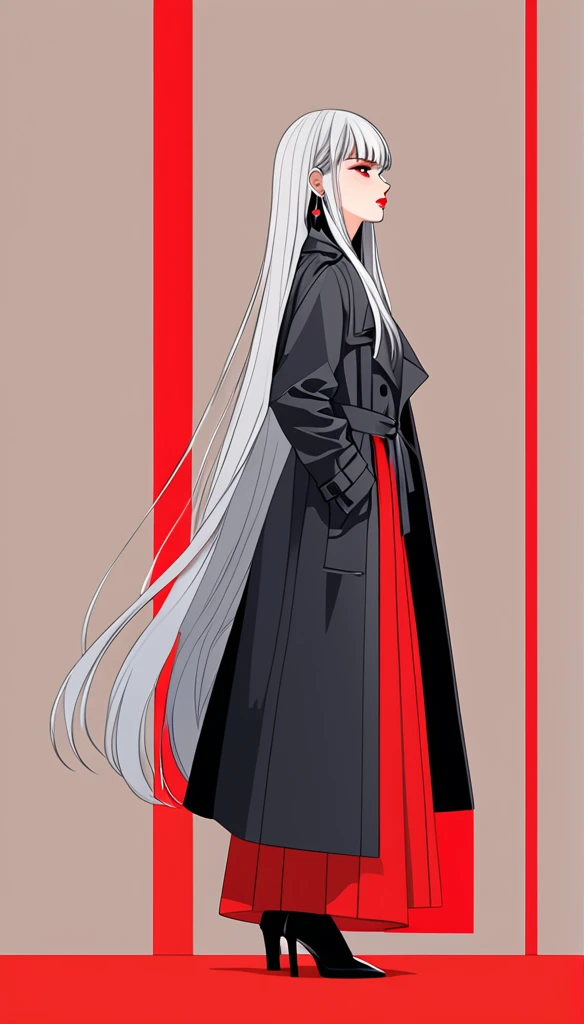 Simple vector illustration，Beautiful girl standing against the wall，Delicate red lips，uue，confidence，Long straight hair，silver hair，Exaggerated earrings，unique，Staring at the audience），（(Black deep V trench coat：1.37，Red bottoming skirt)）。Looking from the bottom up，Geometric Light and Shadow，Clean and simple red background，jewerly contain lace of diamonds, diamonds color is dual chrome, straight bangs cut, straight hair cut, straight sidelocks, silver deep gray coloured hair, one little red stripe of hair, one little red stripe of hair, one little indigo stripe of hair,  dusty rose ciloured eyes
