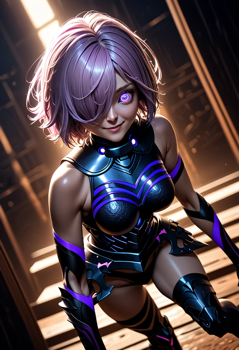 (masterpiece, top quality, best quality, beautiful and aesthetic:1.2), full body, extremely detailed, detailed face and eyes, cinematic light, SFW, depth of field, 1girl, seducing smile, solo, official, dark armor, mash kyrielight, light purple hair, short hair, hair over one eye, smile, slim body, cinematic lighting, dramatic lighting, dramatic atmosphere, hyper-realistic, high resolution, stunning contrast, high quality, best quality, 8k, 4k, intricately detailed, (amazing details:1.2), highly detailed skin, powerful presence, vibrant colors, (detailed eyes:1.2), striking eyes, (detailed background), (dynamic angle:1.2), (dynamic pose:1.2)