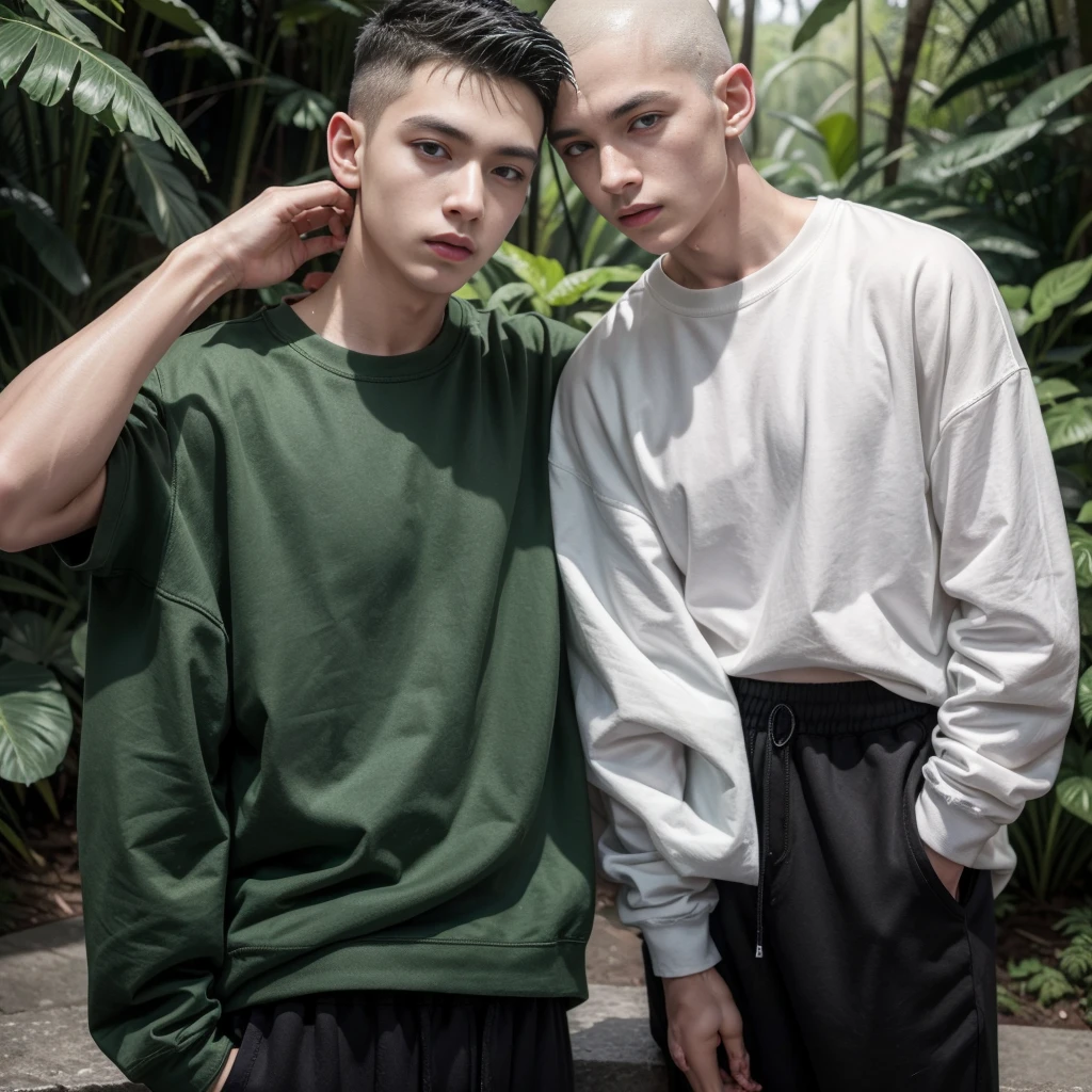 Appearance: male;  white;  1 meter 82 high;  shaved hair;  thin body somewhat strong;  arms dilated vein.  Clothing: loose shirt;  green shirt;  baggy pants, black pants;  black sneakers.  Expression: would be;  lips between open teeth showing.  Scene: stopped;  looking at the camera.  Setting: cloud forest.  man;  white;  1 meter 82 high;  shaved hair with a fade on the sides;  wearing a very dark green sweatshirt;  baggy black shorts;  body a little thin;