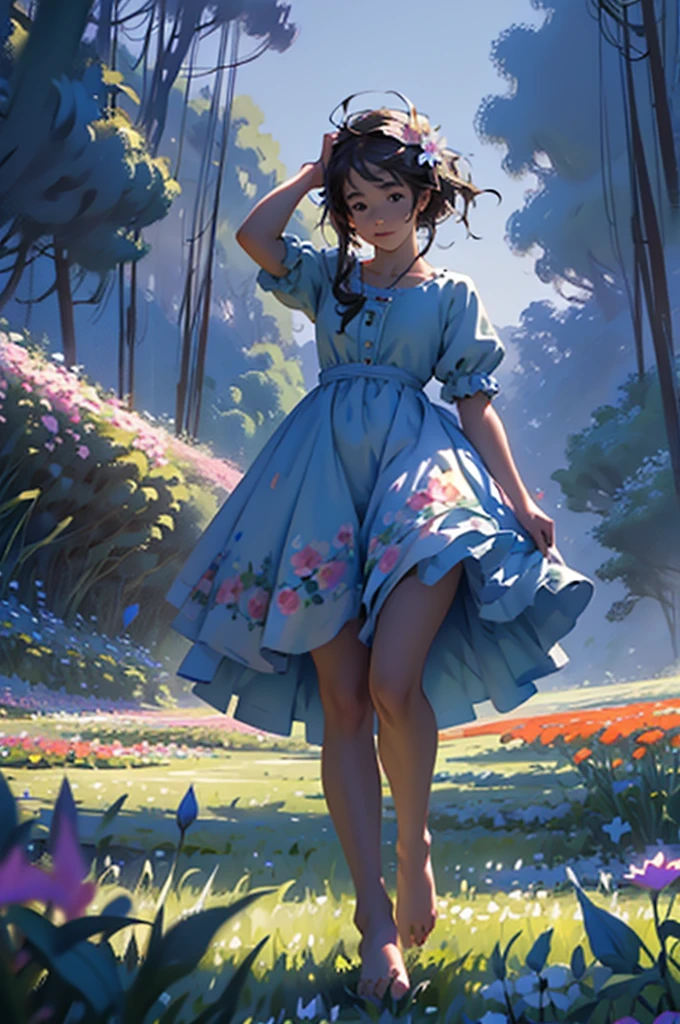 alice in the wonderland, (A bow on the head:1.1), Upper body,There is a girl standing in a flower field looking up at the sky, A girl standing in a flower field, A girl walks in a flower field, Get lost in a fantastic wonderland, standing in flower field, dreamlike digital painting, The sky is gradually clearing, The starry sky gradually receded,(Monet, Impresionismo, Oil painting), Barefoot,Barefoot,04