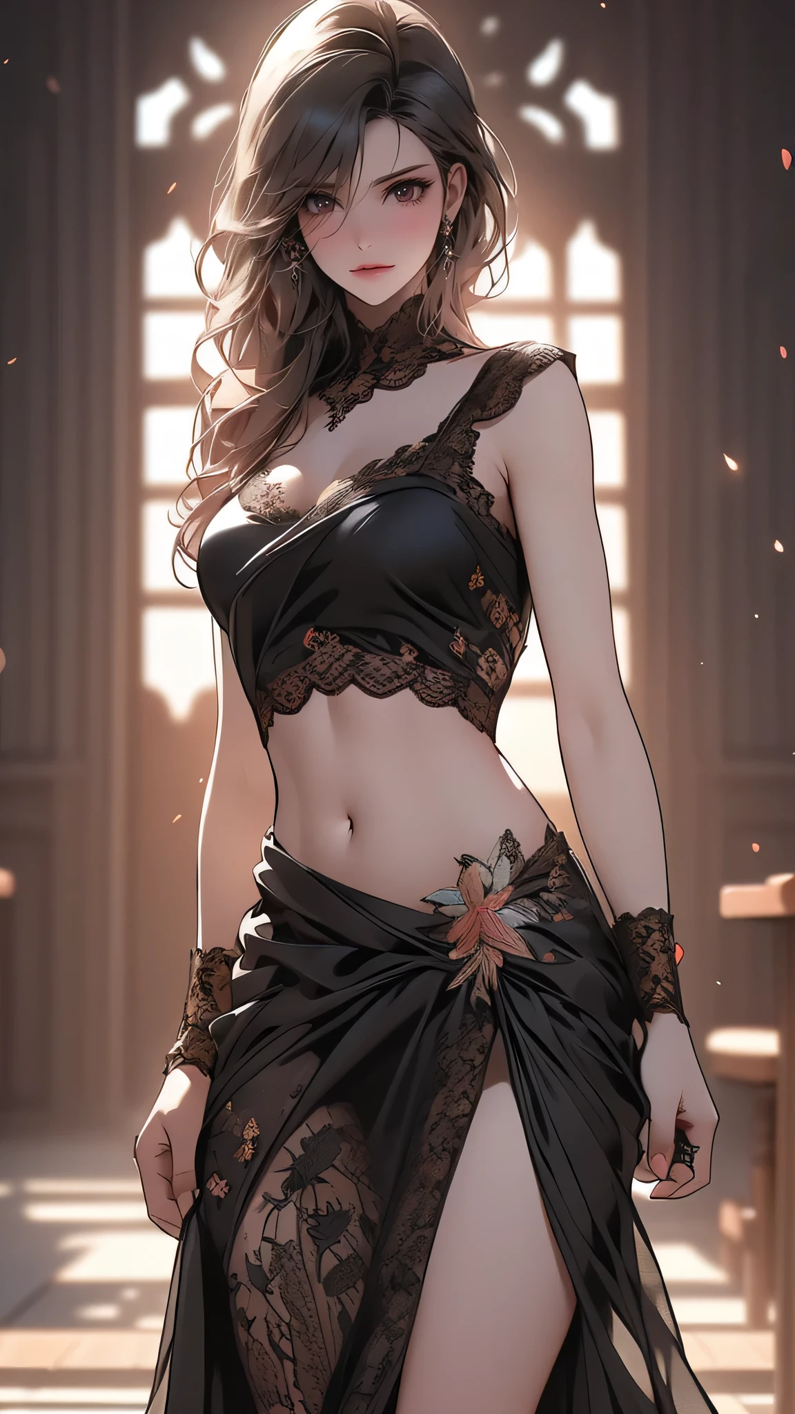 ((clothed:1.2),leather boots,leather gauntlet,(embroidered black lace dress:1.5),(see through:1.2),(long silk sarong:1.5))),(Thin type),(large breasts),(random sexy pose),(random hairstyle),(Highest image quality,(8K), Ultra-realistic, Best Quality, High quality, High Definition, high quality texture, high detailing, Beautiful detailed, fine detailed, extremely details CG, Detailed texture, realistic representation of face, masterpiece, presence)