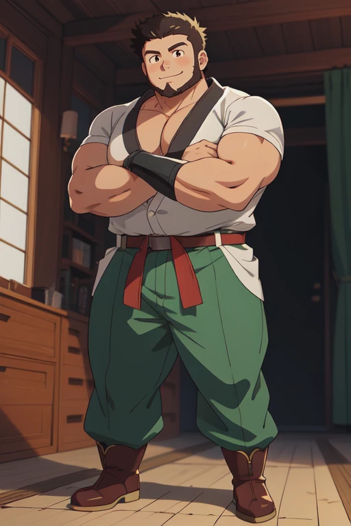 A cute young brunette anime man named Jun Shimizu, short black hair, small facial hair, black sharped beard, brown eyes, stocky, big bulky pectorals, round face, big arms and legs, hairy arms and legs only, tonified slim boy with a small and round potbelly fat, wearing a white judo gi with green pants and white belt, and red sci-fi boots, inside his semi-temple house, solo, single, one character only, human character, humble, cool, handsome, happy, sci-fi and adventuring theme anime style, fully detailed anime style, Touhou anime art style, Kodomomuke's anime style, 4K, close up shot, closed mouth with a smile