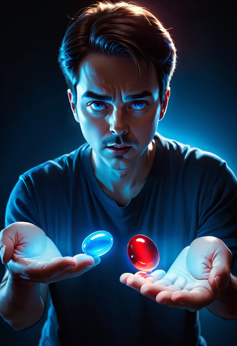 A man is standing, holding two pills in his outstretched hands. On the left, he holds a bright blue pill, glistening in the light. On the right, he holds an intense red pill, which seems to emit a soft glow. He is staring at the pills, with an indecisive and thoughtful expression on his face. In the background, the environment is neutral, suggesting an empty space or a room without significant details.