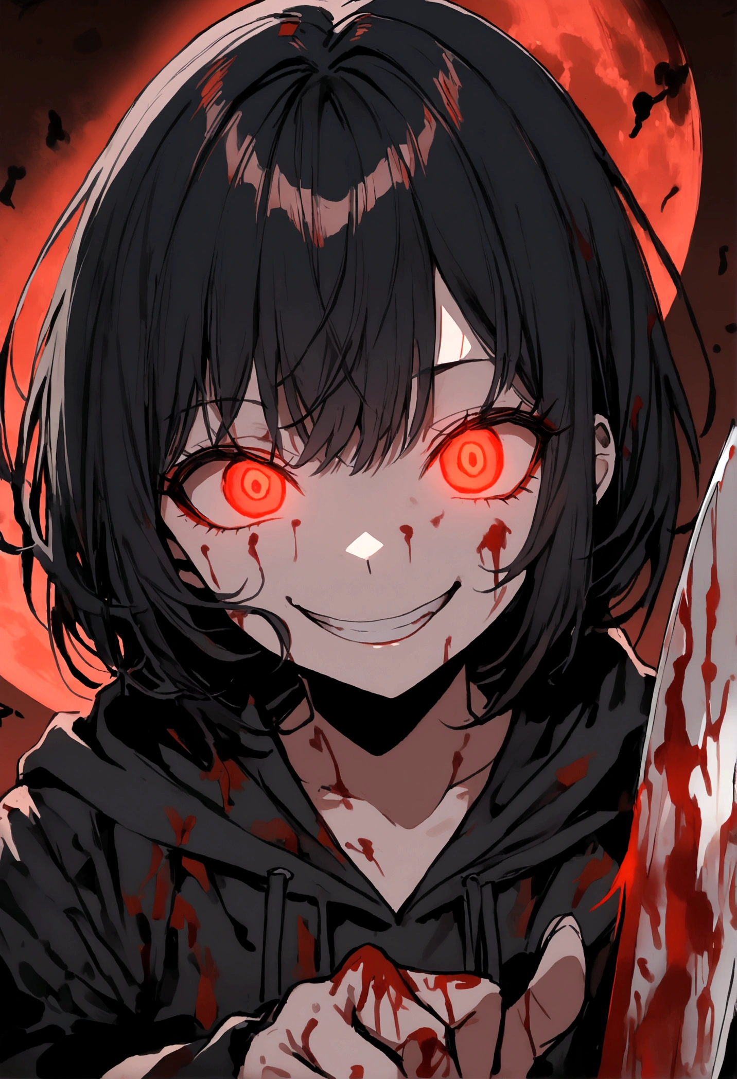 1girl, blood on weapon, holding knife, blood on clothes, blood moon, (((glowing red eyes))), crazy smile, psycho girl, small pupils, black hair, black hoodie, white shirt,
