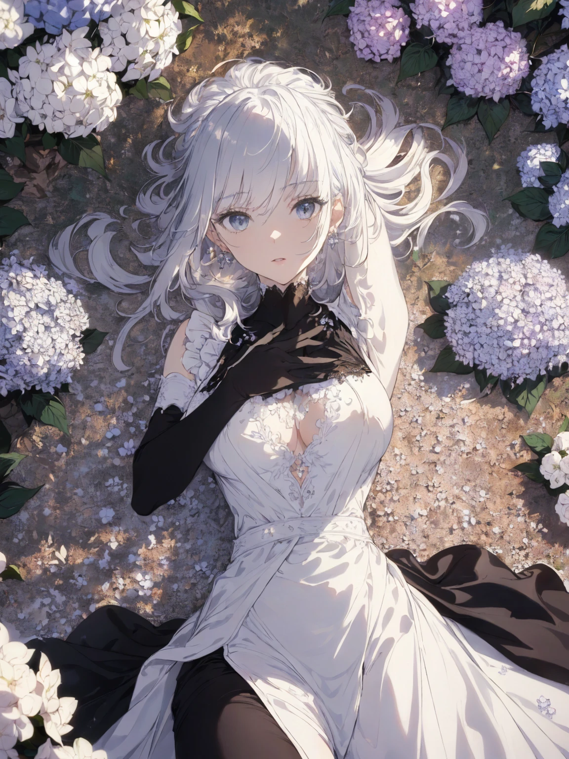 (Landscape photo, with a woman in the bottom right of photo:1.5, in white garden:1.5), Masterpiece, best quality, (very detailed CG unity 8k wallpaper), (best quality), High definition RAW color art, Animation,sculptures, (black Marble Skin), (((Ultra detailed elegant))), Magical atmosphere, Detailed skin, Texture,(Intricately detailed, Fine detail, ultra-detail art), depth of fields, Bokeh, Silky Touch, Hyper Detail, beautiful eyes, elegant face, (lying on floor, upper body focus), sparkle background, enormous breast:1.3, lingerie, (silver hair), pure white, Armpit, muscle, embarrassing face