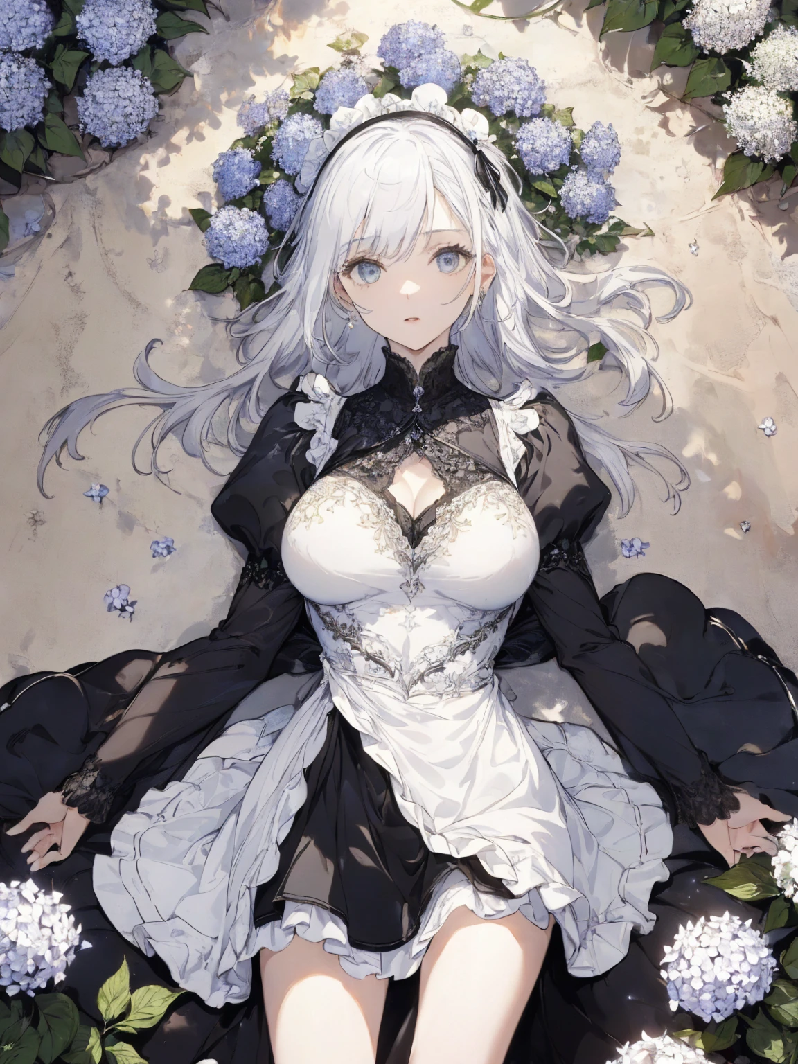 (Landscape photo, with a woman in the bottom right of photo:1.5, in white garden:1.5), Masterpiece, best quality, (very detailed CG unity 8k wallpaper), (best quality), High definition RAW color art, Animation,sculptures, (black Marble Skin), (((Ultra detailed elegant))), Magical atmosphere, Detailed skin, Texture,(Intricately detailed, Fine detail, ultra-detail art), depth of fields, bokeh, Silky Touch, Hyper Detail, beautiful eyes, Elegant Face, (lying on floor, upper body focus), sparkle background, enormous breast:1.4, nsfw:1.4, (spread legs:1.1, silver hair), pure white, , embarrassing face, hydrangea, Dramatic Light, maid costume, wide open udder, Genitals