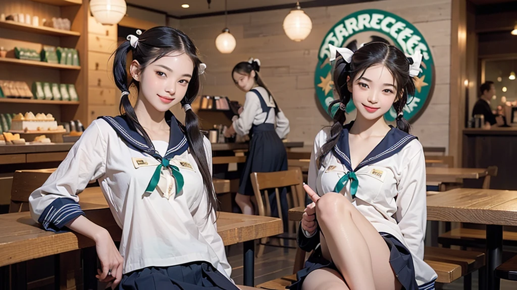 (masterpiece:1.2, Highest quality), (Realistic, photoRealistic:1.4), Beautiful illustrations,
View your viewers, avert your eyes, whole body,
1 Girl, Japanese, high school girl, (Long Hair:1.4), bLong Hair, (Twin tails:1.7), Large Breasts:0.8, White skin、Beautiful Hair, Beautiful Face, Beautiful attention to detail, Beautiful clavicle, Beautiful body, Beautiful breasts, Beautiful thighs, Beautiful feet,
(Beautiful views), machine, Chair,
((cute , Long sleeve, Pleated skirt, Sailor collar, scarf)), White panties, shoes,
Sitting, Chairに座る,
(魅惑的なsmile, Embarrassing, Trembling),
(((((Inside the Starbucks store、16 year old girl in sailor suit)))))、((((Eat cake、Drink coffee、smile))))、Heart Necklace、
((((Emphasize cleavage))))
(whole body写真)