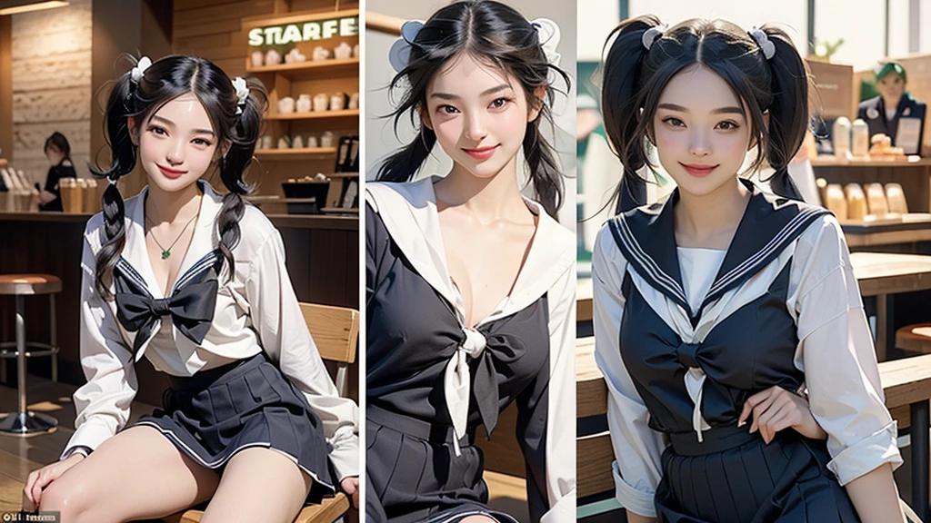 (masterpiece:1.2, Highest quality), (Realistic, photoRealistic:1.4), Beautiful illustrations,
View your viewers, avert your eyes, whole body,
1 Girl, Japanese, high school girl, (Long Hair:1.4), bLong Hair, (Twin tails:1.7), Large Breasts:0.8, White skin、Beautiful Hair, Beautiful Face, Beautiful attention to detail, Beautiful clavicle, Beautiful body, Beautiful breasts, Beautiful thighs, Beautiful feet,
(Beautiful views), machine, Chair,
((cute , Long sleeve, Pleated skirt, Sailor collar, scarf)), White panties, shoes,
Sitting, Chairに座る,
(魅惑的なsmile, Embarrassing, Trembling),
(((((Inside the Starbucks store、16 year old girl in sailor suit)))))、((((Eat cake、Drink coffee、smile))))、Heart Necklace、
((((Emphasize cleavage))))
(whole body写真)