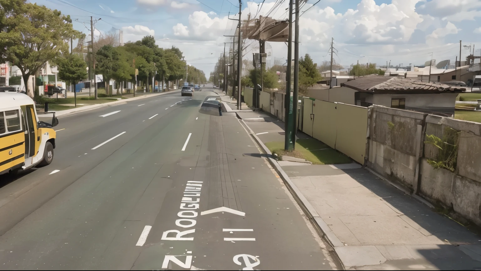 ( high quality , ultra detailed) put green areas, change existing poles with poles that do not have cables, put trees on the sidewalks