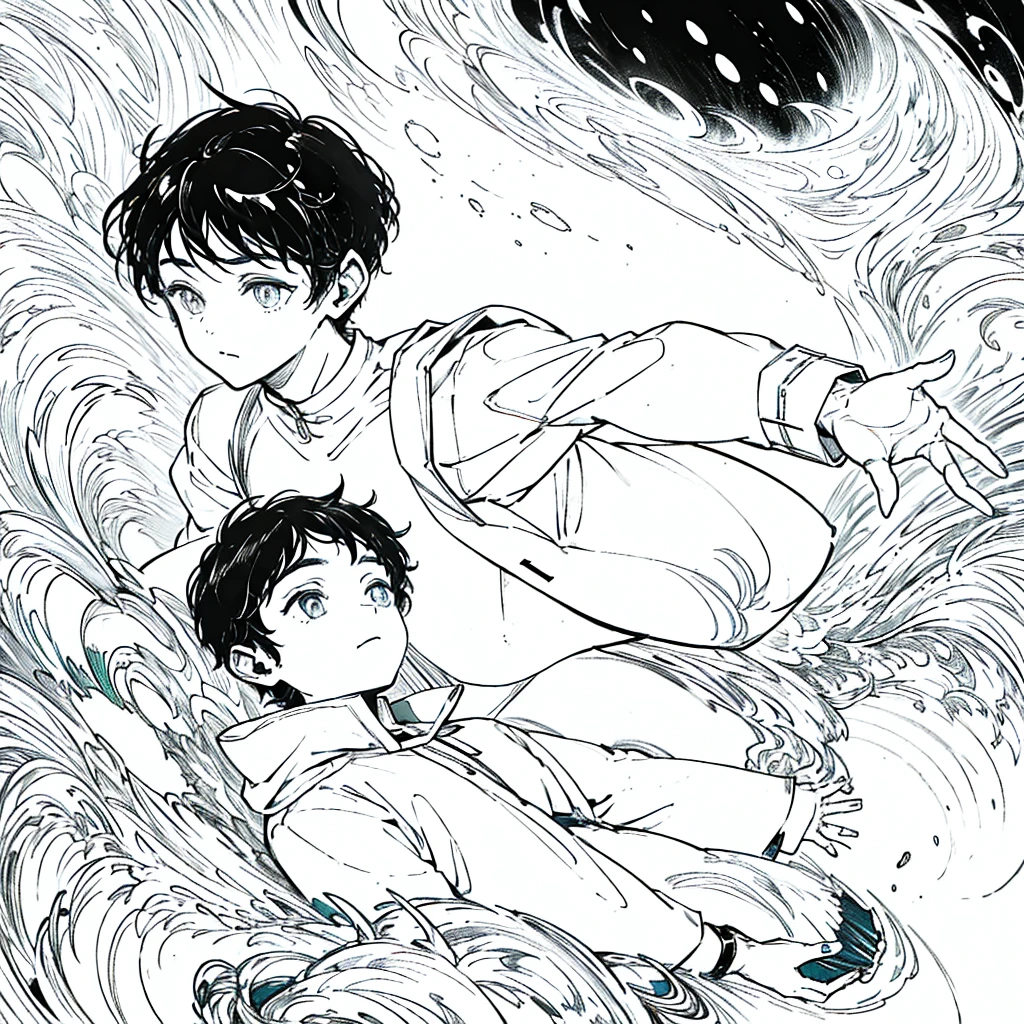 Boy in white clothes, with short hair and super dark eyes