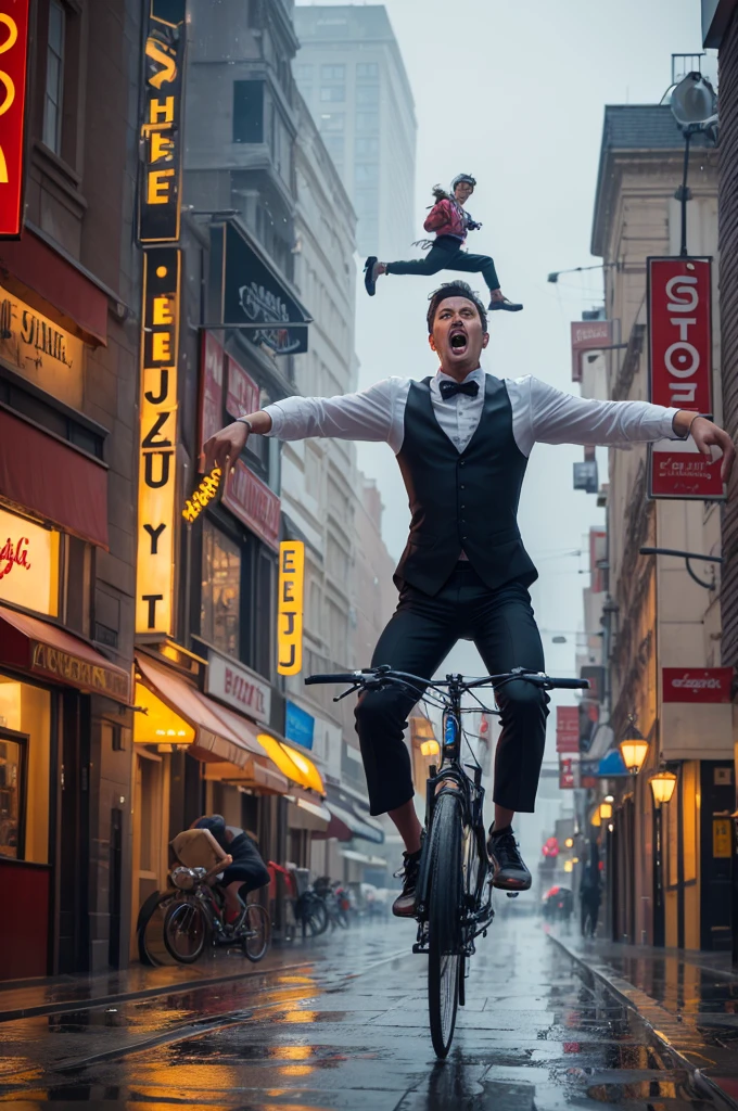 A man six feet tall flying on a bike over the pizza tower and singing dance in the rain
