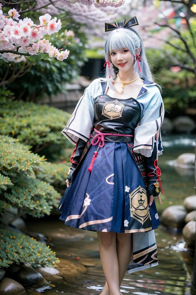 best quality, masterpiece, photorealistic, 1girl, solo, standing, cowboy shot, Shooting from a distance 、Accentuate your beautiful legs 、Beautiful legs down to the toes 、looking at viewer, smile, closed mouth, bangs, kamisato cosplay costume, cosplay, light blue hair, long hair, ponytail, hair ornament, ribbon, hair ribbon, japanese clothes, armored dress, japanese armor, arm guards, fingerless gloves, tress ribbon, tassel, japanese garden, cherry blossoms, tree,