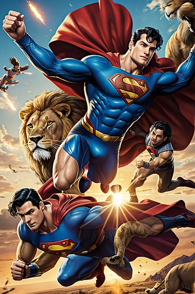 Superman themed cousin from the comics saving lion from Edgar in the Brawl star field in survival while cousin fights Edgar and lion goes into the air getting high