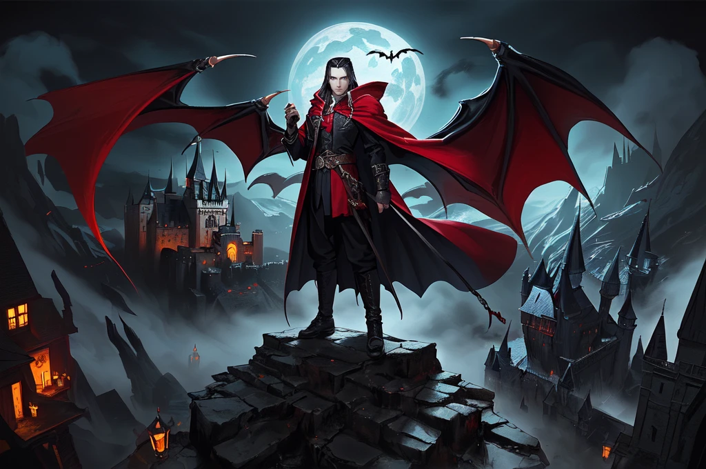 ascribed image of a man in a red cloak, standing in front of the castle, Fantasy Vampires, gothic fantasy art, Spelling, Spelling inspired, Dracula's Castle, dark fantasy artwork, dark fantasy art, Castelvania, dark fantasy concept art, dark fantasy horror art, deep crimson and dark shadows, dark fantasy art, vampire lord, an ominous fantasy illustration