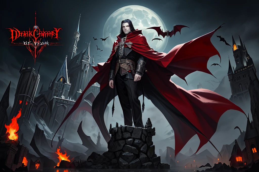 ascribed image of a man in a red cloak, standing in front of the castle, Fantasy Vampires, gothic fantasy art, Spelling, Spelling inspired, Dracula's Castle, dark fantasy artwork, dark fantasy art, Castelvania, dark fantasy concept art, dark fantasy horror art, deep crimson and dark shadows, dark fantasy art, vampire lord, an ominous fantasy illustration