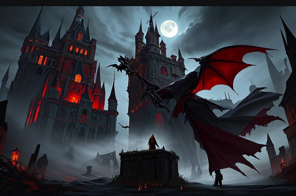 ascribed image of a man in a red cloak, standing in front of the castle, Fantasy Vampires, gothic fantasy art, Spelling, Spelling inspired, Dracula's Castle, dark fantasy artwork, dark fantasy art, Castelvania, dark fantasy concept art, dark fantasy horror art, deep crimson and dark shadows, dark fantasy art, vampire lord, an ominous fantasy illustration