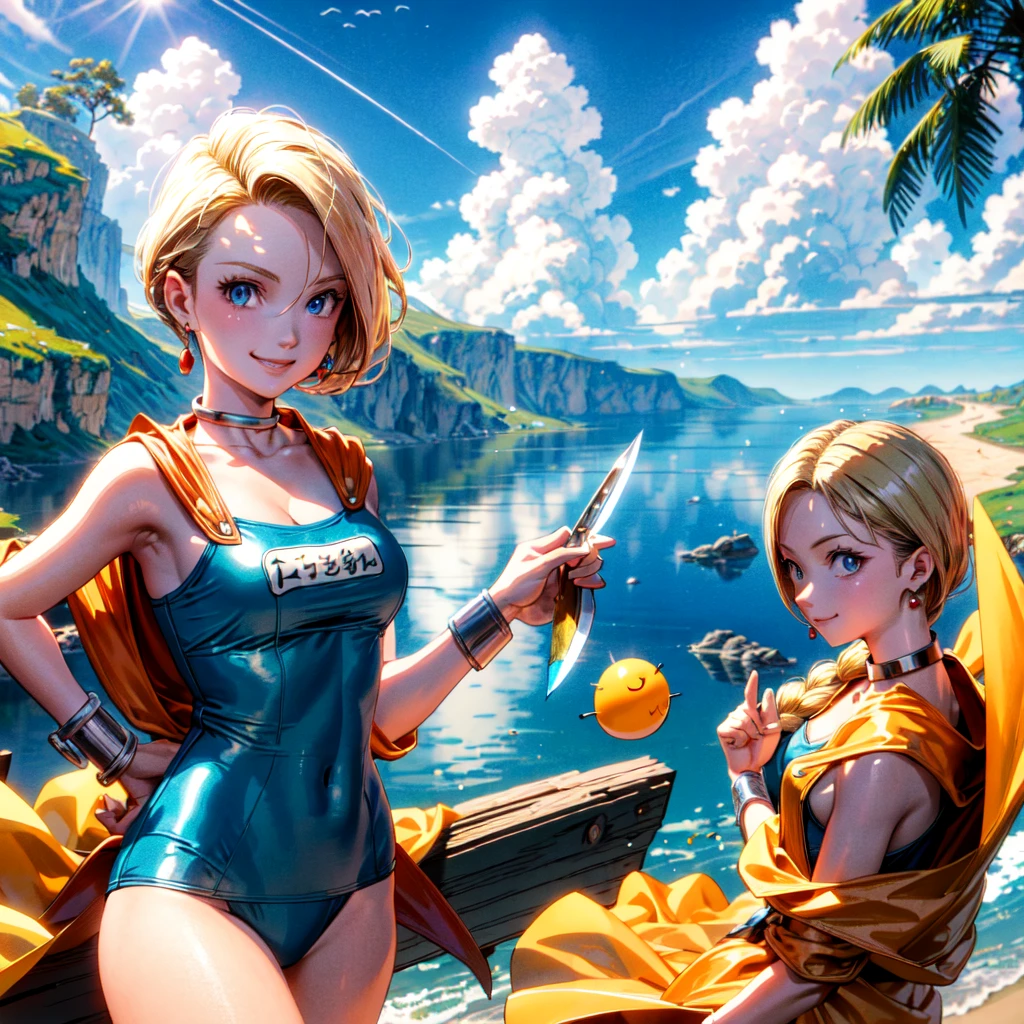 (Masterpiece, Best Quality:1.2), 1 Girl, Solo, 1girl, Bianca, DQ5, Illustration, Anime Style, Long Hair, Blonde Hair, Single Blade, Over Shoulder Hair, Blue Eyes, Smile,, Competitive Swimsuit,, Jewelry, Earrings, Choker, Cape, Bracelet, Nature, Outdoors, Blue Sky