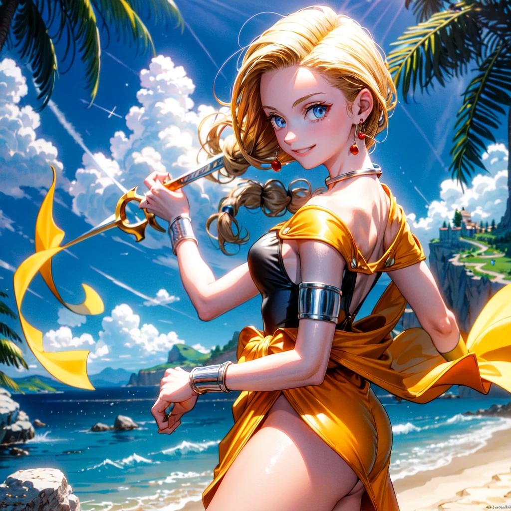 (Masterpiece, Best Quality:1.2), 1 Girl, Solo, 1girl, Bianca, DQ5, Illustration, Anime Style, Long Hair, Blonde Hair, Single Blade, Over Shoulder Hair, Blue Eyes, Smile,, Competitive Swimsuit,, Jewelry, Earrings, Choker, Cape, Bracelet, Nature, Outdoors, Blue Sky