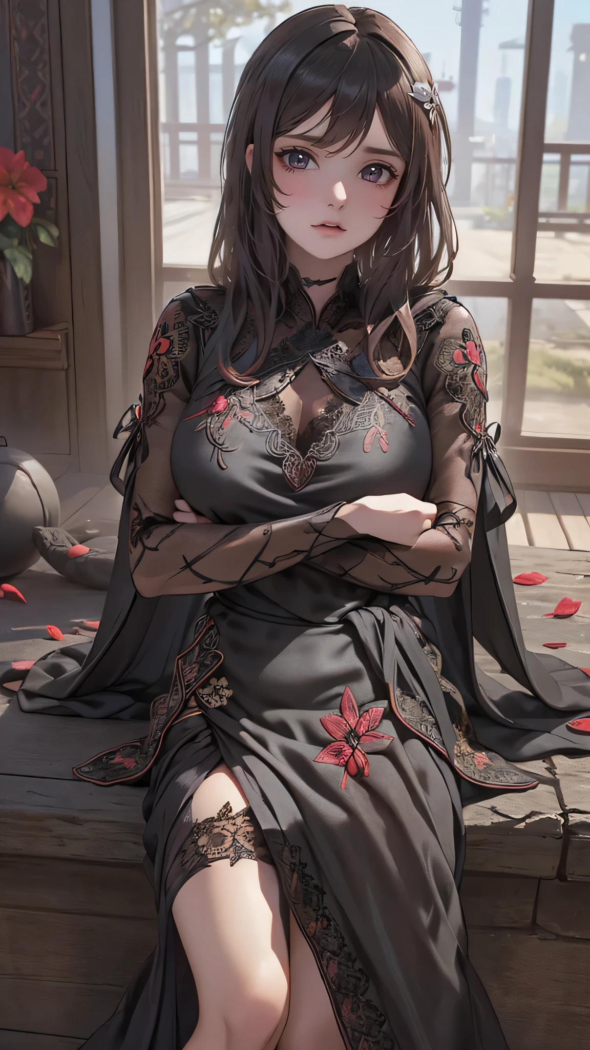 ((clothed:1.2),leather boots,leather gauntlet,(embroidered black lace dress:1.5),(see through:1.2),(long silk sarong:1.5))),(Thin type),(large breasts),(random sexy pose),(random hairstyle),(Highest image quality,(8K), Ultra-realistic, Best Quality, High quality, High Definition, high quality texture, high detailing, Beautiful detailed, fine detailed, extremely details CG, Detailed texture, realistic representation of face, masterpiece, presence)