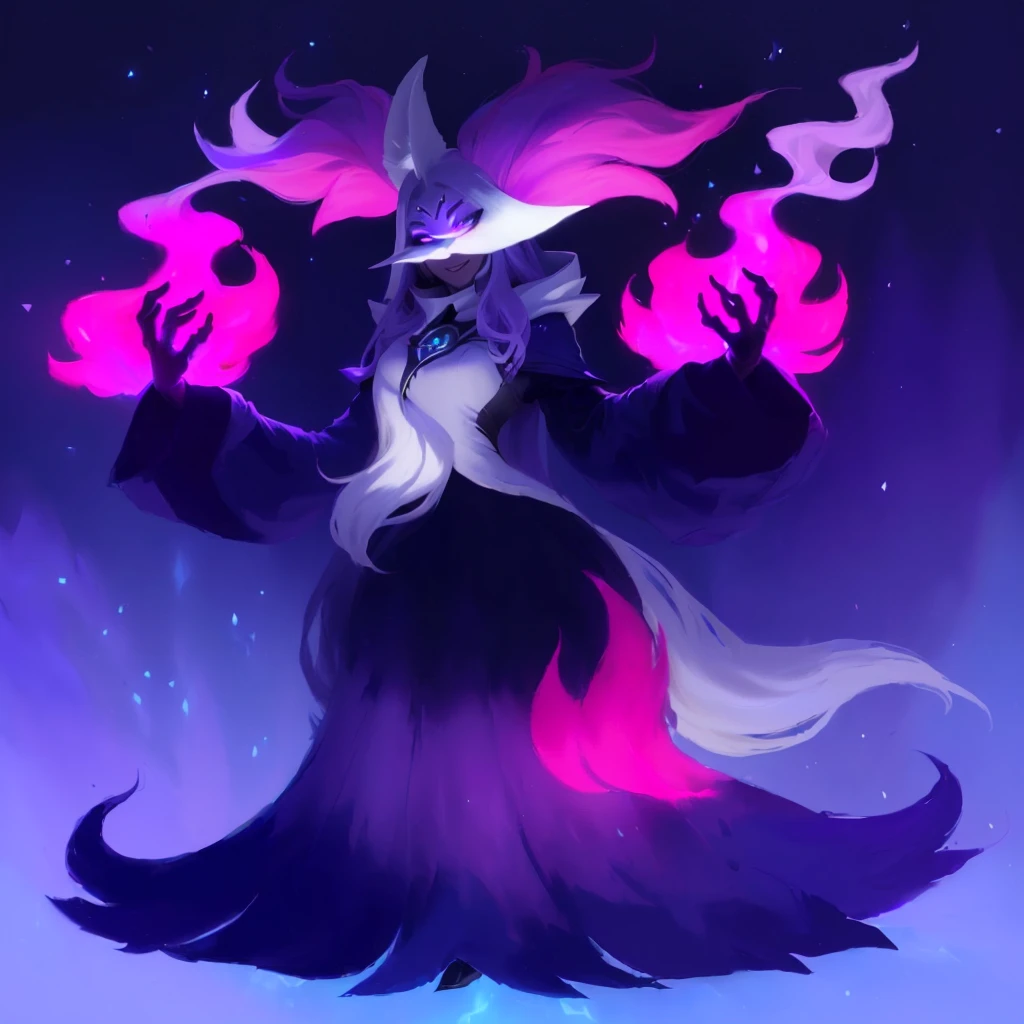 A closeup of a cartoon character with long hair, smiling, dark fox wizard, pira, Aura of darkness, painted in the arcane style, arcane art style, just kidding, full portrait of elementalist, /!\ the sorceress, Glowing black aura, dark sorceress full view, evil aura, sorceress, britney lee, Pokémon