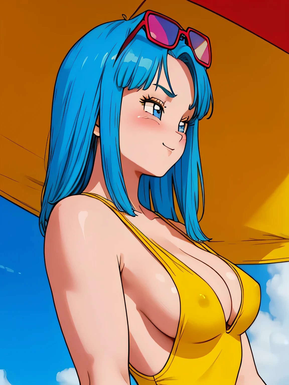 Maron_dbzgirl, high resolution, best qualityer, work of art, 8K_definition, details Intricate, ultra HD, beautiful girl alone, ((in a tight yellow swimsuit)), busty deep cleavage, (hardnipples)), (light blue straight hair, stripes), large blue eyes, kind smile, (thick lips), ((blushed face)), big eyelashes, (((breast squeeze))), (sunglasses on hair), Sunnyday, sky background, clouds, ((Amazing details on the face)), foto em close, ((seen from the angle below))