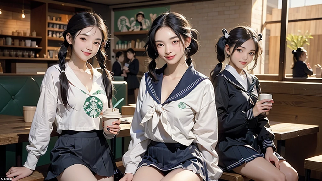 (masterpiece:1.2, Highest quality), (Realistic, photoRealistic:1.4), Beautiful illustrations,
View your viewers, avert your eyes, whole body,
1 Girl, Japanese, high school girl, (Long Hair:1.4), bLong Hair, (Twin tails:1.7), Large Breasts:0.8, White skin、Beautiful Hair, Beautiful Face, Beautiful attention to detail, Beautiful clavicle, Beautiful body, Beautiful breasts, Beautiful thighs, Beautiful feet,
(Beautiful views), machine, Chair,
((cute , Long sleeve, Pleated skirt, Sailor collar, scarf)), White panties, shoes,
Sitting, Chairに座る,
(魅惑的なsmile, Embarrassing, Trembling),
(((((Inside the Starbucks store、16 year old girl in sailor suit)))))、((((Eat cake、Drink coffee、smile))))、Heart Necklace、
((((Emphasize cleavage))))
(whole body写真)
