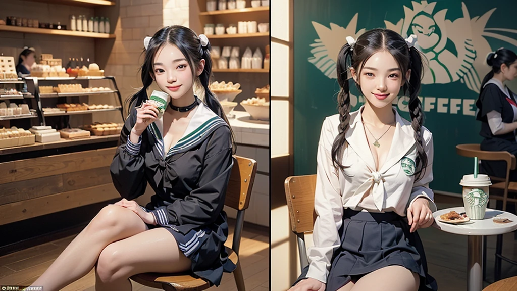 (masterpiece:1.2, Highest quality), (Realistic, photoRealistic:1.4), Beautiful illustrations,
View your viewers, avert your eyes, whole body,
1 Girl, Japanese, high school girl, (Long Hair:1.4), bLong Hair, (Twin tails:1.7), Large Breasts:0.8, White skin、Beautiful Hair, Beautiful Face, Beautiful attention to detail, Beautiful clavicle, Beautiful body, Beautiful breasts, Beautiful thighs, Beautiful feet,
(Beautiful views), machine, Chair,
((cute , Long sleeve, Pleated skirt, Sailor collar, scarf)), White panties, shoes,
Sitting, Chairに座る,
(魅惑的なsmile, Embarrassing, Trembling),
(((((Inside the Starbucks store、16 year old girl in sailor suit)))))、((((Eat cake、Drink coffee、smile))))、Heart Necklace、
((((Emphasize cleavage))))
(whole body写真)