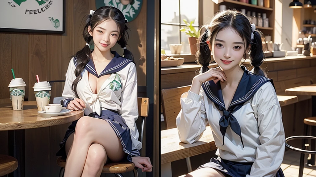 (masterpiece:1.2, Highest quality), (Realistic, photoRealistic:1.4), Beautiful illustrations,
View your viewers, avert your eyes, whole body,
1 Girl, Japanese, high school girl, (Long Hair:1.4), bLong Hair, (Twin tails:1.7), Large Breasts:0.8, White skin、Beautiful Hair, Beautiful Face, Beautiful attention to detail, Beautiful clavicle, Beautiful body, Beautiful breasts, Beautiful thighs, Beautiful feet,
(Beautiful views), machine, Chair,
((cute , Long sleeve, Pleated skirt, Sailor collar, scarf)), White panties, shoes,
Sitting, Chairに座る,
(魅惑的なsmile, Embarrassing, Trembling),
(((((Inside the Starbucks store、16 year old girl in sailor suit)))))、((((Eat cake、Drink coffee、smile))))、Heart Necklace、
((((Emphasize cleavage))))
(whole body写真)