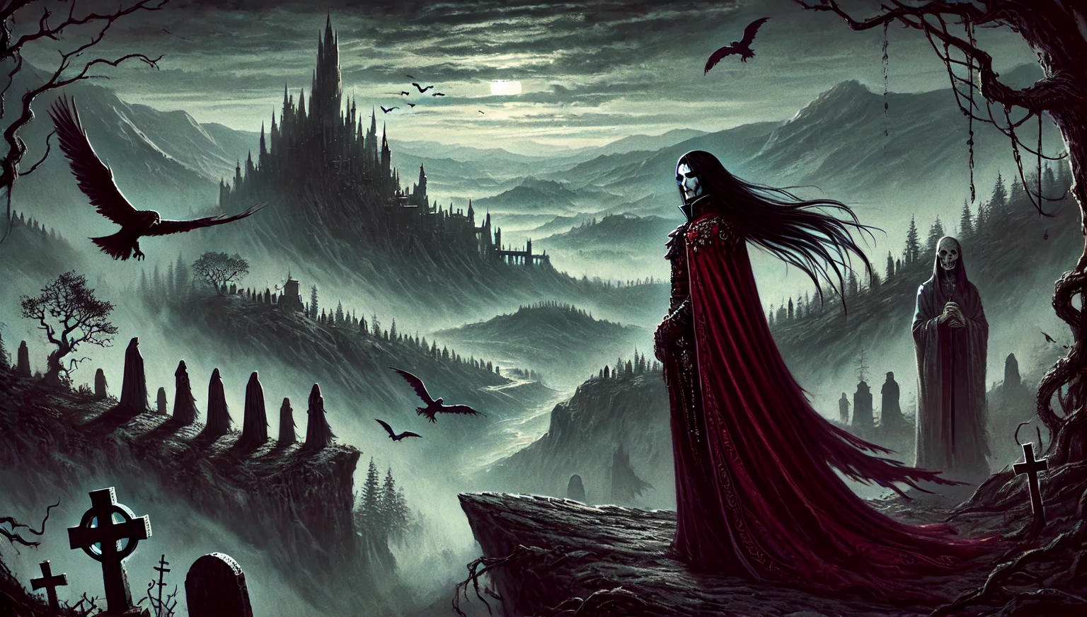 ascribed image of a man in a red cloak, standing in front of the castle, Fantasy Vampires, gothic fantasy art, Spelling, Spelling inspired, Dracula's Castle, dark fantasy artwork, dark fantasy art, Castelvania, dark fantasy concept art, dark fantasy horror art, deep crimson and dark shadows, dark fantasy art, vampire lord, an ominous fantasy illustration
