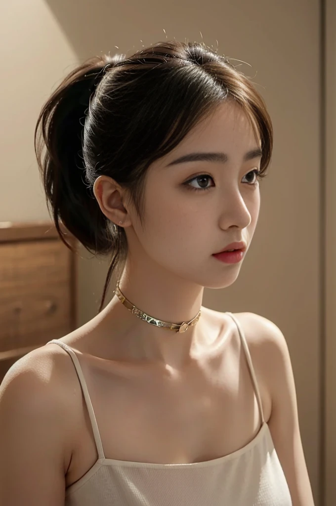 1girl, slender korean kpop idol and model ,ponytail hairstyle ,23 years old,soft body, big breast, fair skin,close-up, 8k, RAW photo, best quality, masterpiece,realistic, photo-realistic,cute,mansion , summer ,soft light, High image quality,( sexy solid dress , choker , erotic post
