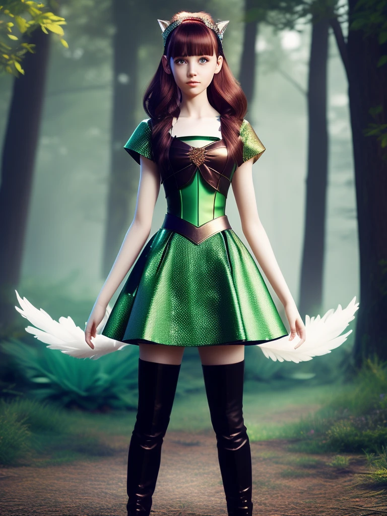 Delicate, Glowing feathers, Surrounded by shiny things, Magical Creatures of the Enchanted Forest Scattering beneath the Skin Surface, Shiny skin, Rainbow Dress, Detailed Background, ([Elizabeth Olsen|Anne Hathaway|Selena Gomez]:0.8), Round and cute face, Green Eyes, close, Incredible detail, Nikon D850 film stock photos Kodak Portra 400 camera f1.6 Lenses, Rich colors, Realistic texture, Dramatic lighting, Unreal Engine, Trending on Art Station, Cinestill 800 Tungsten、high school girl、all back、ponytail