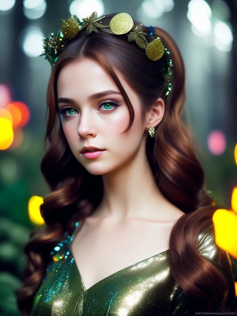 Delicate, Glowing feathers, Surrounded by shiny things, Magical Creatures of the Enchanted Forest Scattering beneath the Skin Surface, Shiny skin, Rainbow Dress, Detailed Background, ([Elizabeth Olsen|Anne Hathaway|Selena Gomez]:0.8), Round and cute face, Green Eyes, close, Incredible detail, Nikon D850 film stock photos Kodak Portra 400 camera f1.6 Lenses, Rich colors, Realistic texture, Dramatic lighting, Unreal Engine, Trending on Art Station, Cinestill 800 Tungsten、high school girl、all back、ponytail