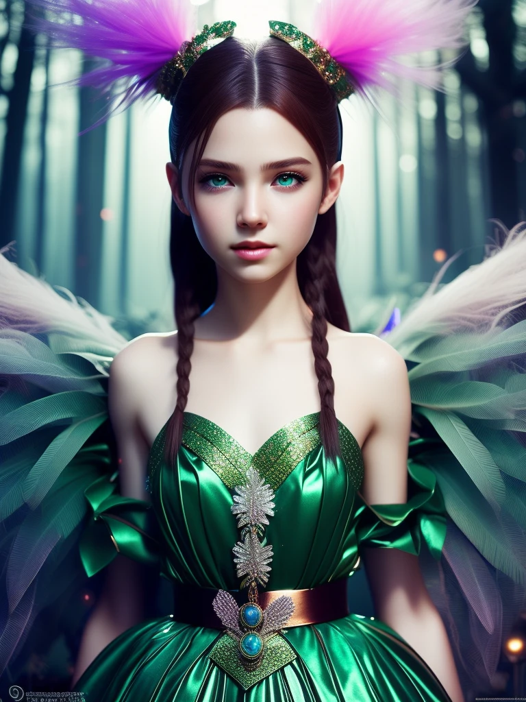 Delicate, Glowing feathers, Surrounded by shiny things, Magical Creatures of the Enchanted Forest Scattering beneath the Skin Surface, Shiny skin, Rainbow Dress, Detailed Background, ([Elizabeth Olsen|Anne Hathaway|Selena Gomez]:0.8), Round and cute face, Green Eyes, close, Incredible detail, Nikon D850 film stock photos Kodak Portra 400 camera f1.6 Lenses, Rich colors, Realistic texture, Dramatic lighting, Unreal Engine, Trending on Art Station, Cinestill 800 Tungsten、high school girl、all back、ponytail