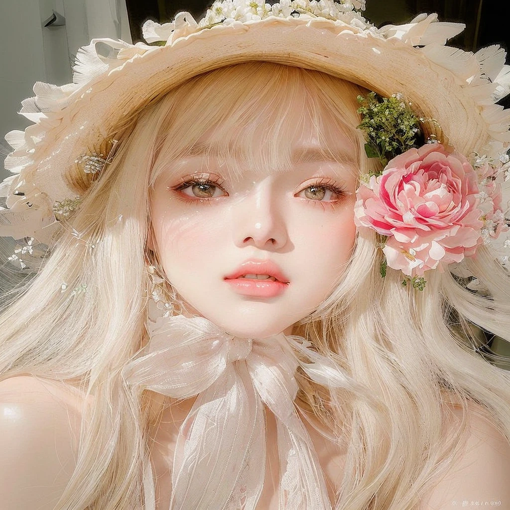 blonde girl with a hat and a flower in her hair, ulzzang, Kawaii realistic portrait, pale porcelain white skin, Sakimichan, pale round face, white hime cut hairstyle, pale ivory skin, Beautiful natural anime face, fairy core, pale milky white porcelain skin, beautiful dolphin, pale, shiny skin, pale white face, beautiful pale makeup, doll face, rostro de jennie blackpink, jennie blackpink, cara de jennie blackpink