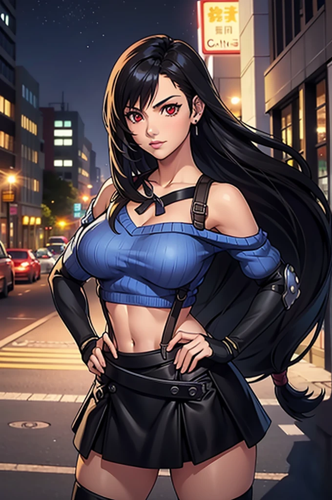 perfect eyes:1.2, detailed eyes:1.4, serious, hand on hip, night, city, metTifa, red eyes, large breasts, low-tied long hair, earrings, cropped sweater, blue sweater, off-shoulder, short sleeves, suspender skirt, elbow gloves, armored legwear, medium full shot, thigh-level shot, 1girl,(masterpiece:1.6, best quality),