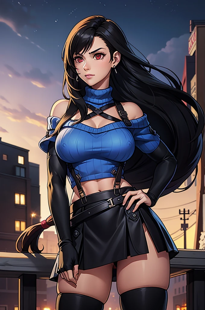 perfect eyes:1.2, detailed eyes:1.4, serious, hand on hip, night, city, metTifa, red eyes, large breasts, low-tied long hair, earrings, cropped sweater, blue sweater, off-shoulder, short sleeves, suspender skirt, elbow gloves, armored legwear, medium full shot, thigh-level shot, 1girl,(masterpiece:1.6, best quality),
