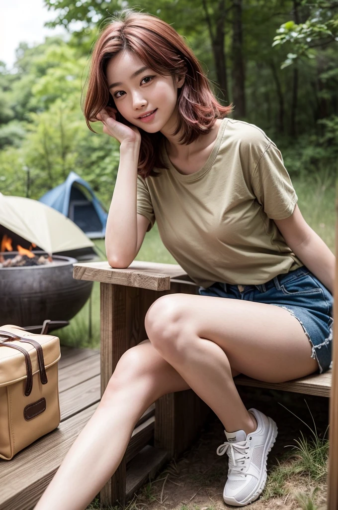 すっぴん、Camping tent, junior high school third grade, ((full body)), ((photo)), ((best qualtiy, 8K, tmasterpiece:1.3)), Focus:1.2, perfect figure beautiful child:1.4, 1, cowboy shot, look at viewer, eyes facing the camera, incredibly absurd, beautiful and cute  with a photorealistic face, showcasing top-quality craftsmanship, A Japanese girl gazing at the campfire at a campsite, 15 years old, short hair, wavy and shiny, crimson hair, big eyes, long eyelashes, smiling face, white teeth, round face, small nose, smooth skin, fair skin, red lips, pink cheeks, lively expression, , delicate, well-balanced proportions, slim, 155cm tall, thin limbs, small A-cup breasts, khaki T-shirt, camouflage shorts, sneakers, beautiful girl, younger sister attributes, active, sociable, cheerful, optimistic, brave, curious, August