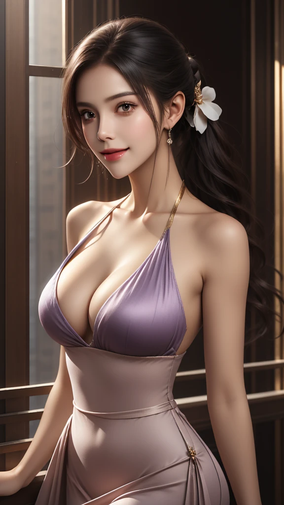 beautiful futuristic waifu wearing an expensive halter neck silver dress, lavender silky smooth long pony tail, beautiful face, crisp jawline, attractive face, mature beauty, age 25, perfect facial features, beautiful smile, heroine, perfect female anatomy, silky smooth skin, nice body, nice figure, nice proportions, professional lighting effects, golden ratio, unreal engine, portrait, professional quality shot, ultra high quality, ultra realistic, artstation, trending