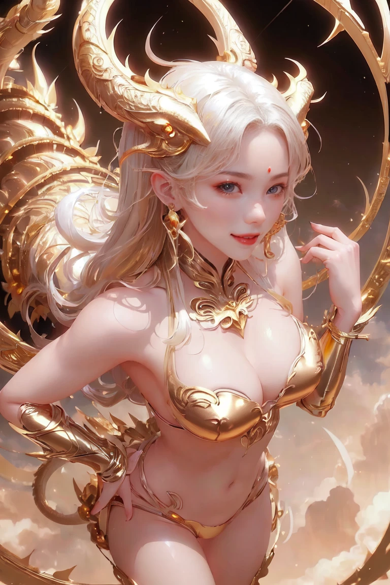 y girl and golden dragon flying to the sky