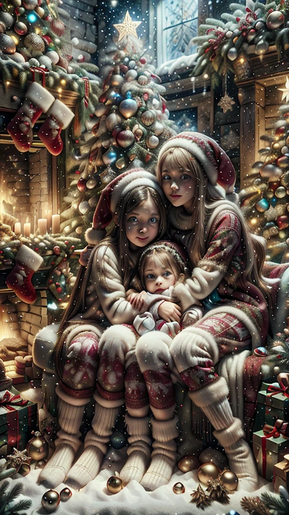 Masterpiece, absurd res, 8k, deep details, family Christmas postcard of three white 12yo sisters, pale skin, blue eyes, long beautiful straight hair, hugging next to each other, wearing Christmas outfits, posing on a cozy warm living room decorated with Christmas theme, big Christmas tree on the background, colorful presents on below the big Christmas tree, 