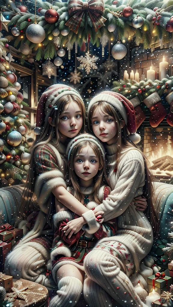 Masterpiece, absurd res, 8k, deep details, family Christmas postcard of three white **** sisters, pale skin, blue eyes, long beautiful straight hair, hugging next to each other, wearing Christmas outfits, posing on a cozy warm living room decorated with Christmas theme, big Christmas tree on the background, colorful presents on below the big Christmas tree, 