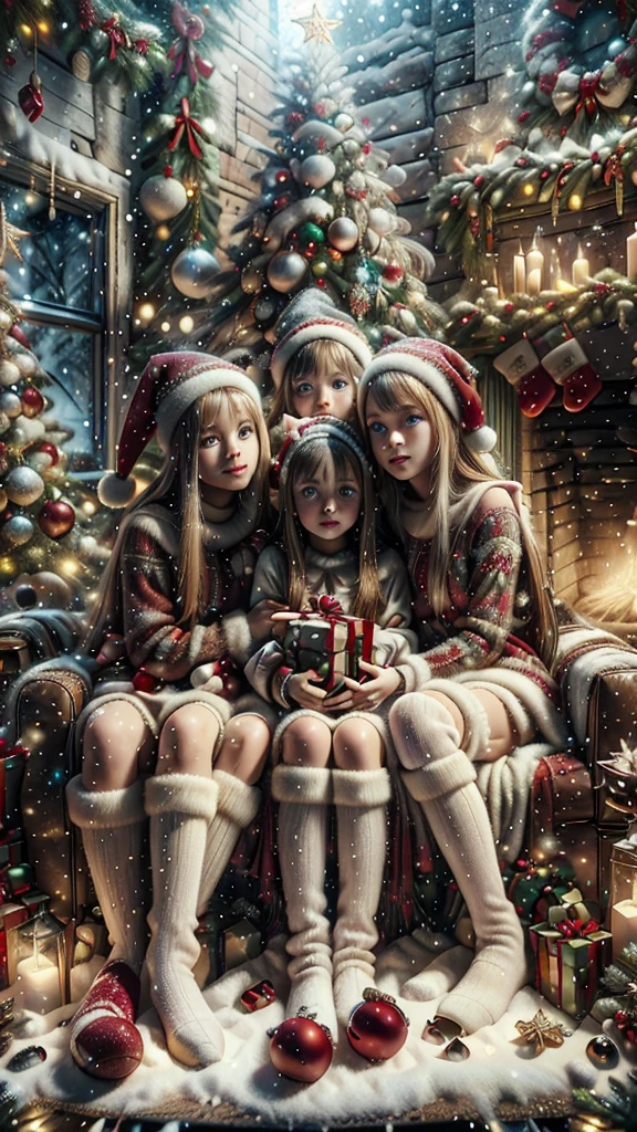 Masterpiece, absurd res, 8k, deep details, family Christmas postcard of three white **** sisters, pale skin, blue eyes, long beautiful straight hair, hugging next to each other, wearing Christmas outfits, posing on a cozy warm living room decorated with Christmas theme, big Christmas tree on the background, colorful presents on below the big Christmas tree, 