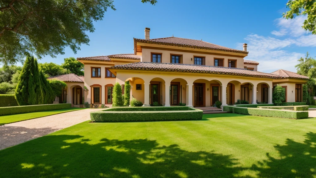 Luxurious country house with garden, , Mexican style on a striking summer day with blue sky. nature, Beautiful residential area house. showing inside luxurious house, Real Estate Properties. - High Resolution Image
